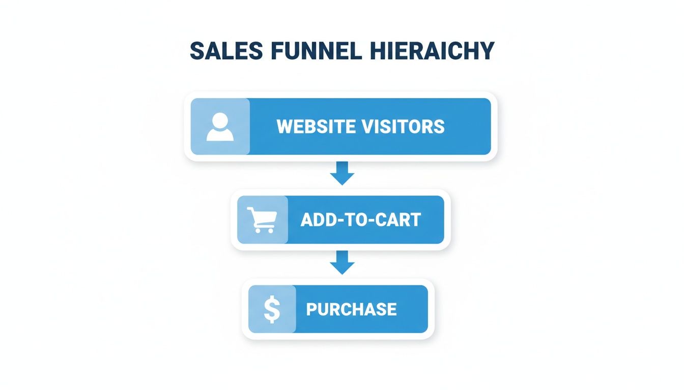 A sales funnel hierarchy diagram outlining stages: website visitors, add-to-cart, and purchase.