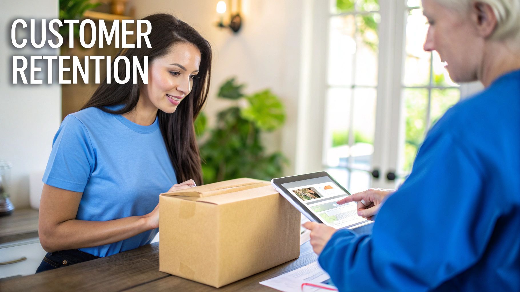 A smiling woman receives a delivery package from a courier using a tablet for confirmation.