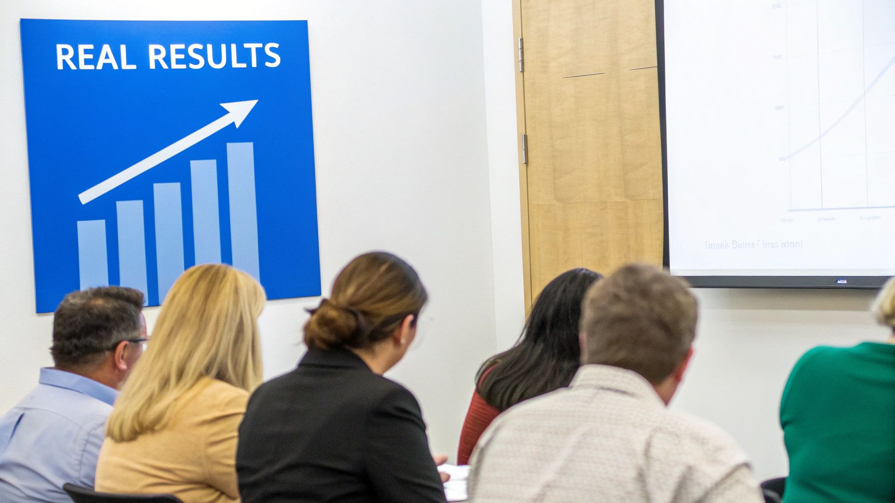 Attendees at a presentation viewing a screen and a 'REAL RESULTS' graph poster.