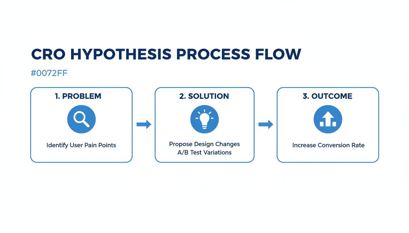 Infographic illustrating the CRO hypothesis process flow, from problem identification to conversion rate increase.