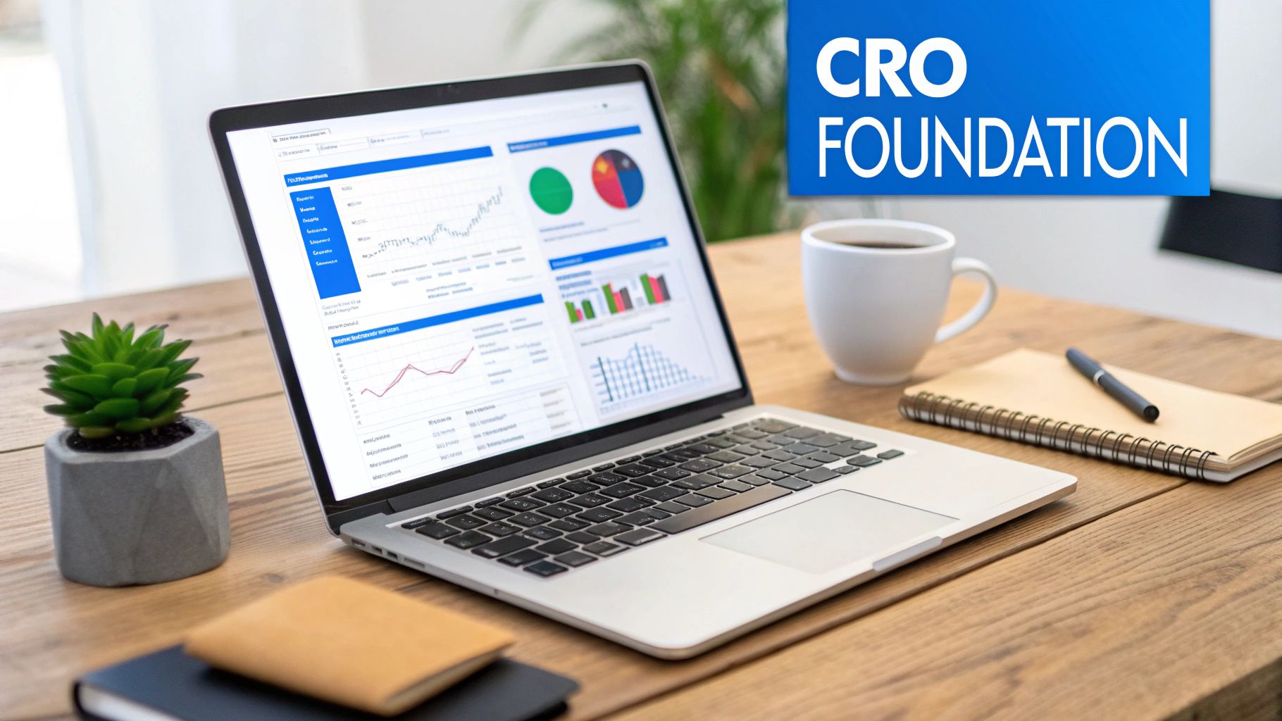 Laptop on a wooden desk displaying CRO data analytics charts, with a coffee cup and notebook.