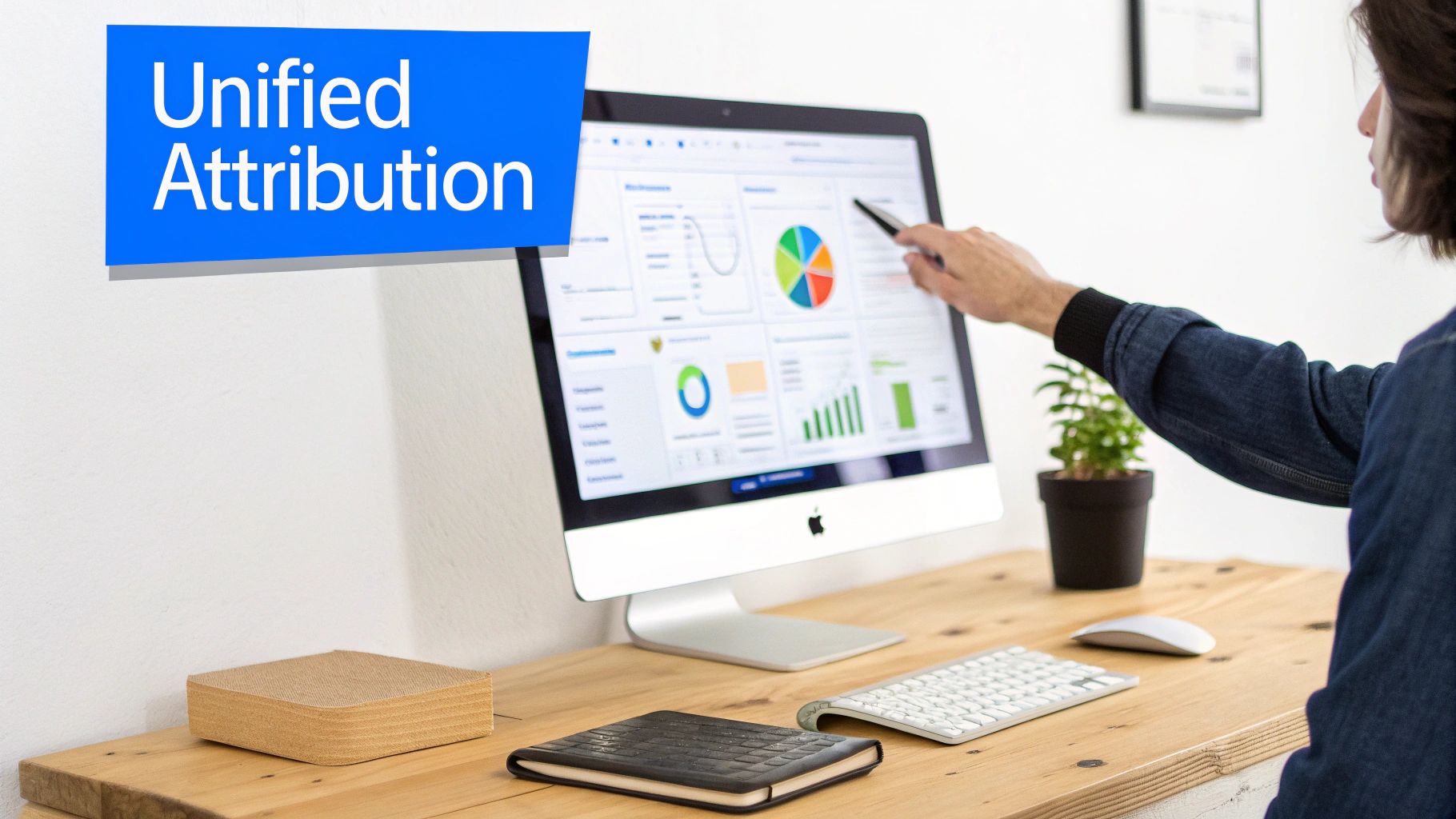 A person pointing at a computer screen displaying data charts, with 'Unified Attribution' text on a blue banner.