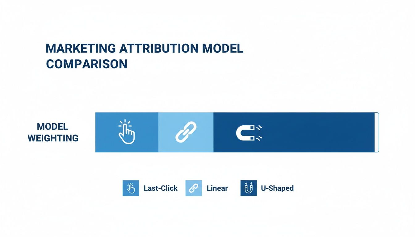 Diagram comparing marketing attribution models: Last-Click, Linear, and U-Shaped, showing their weighting.
