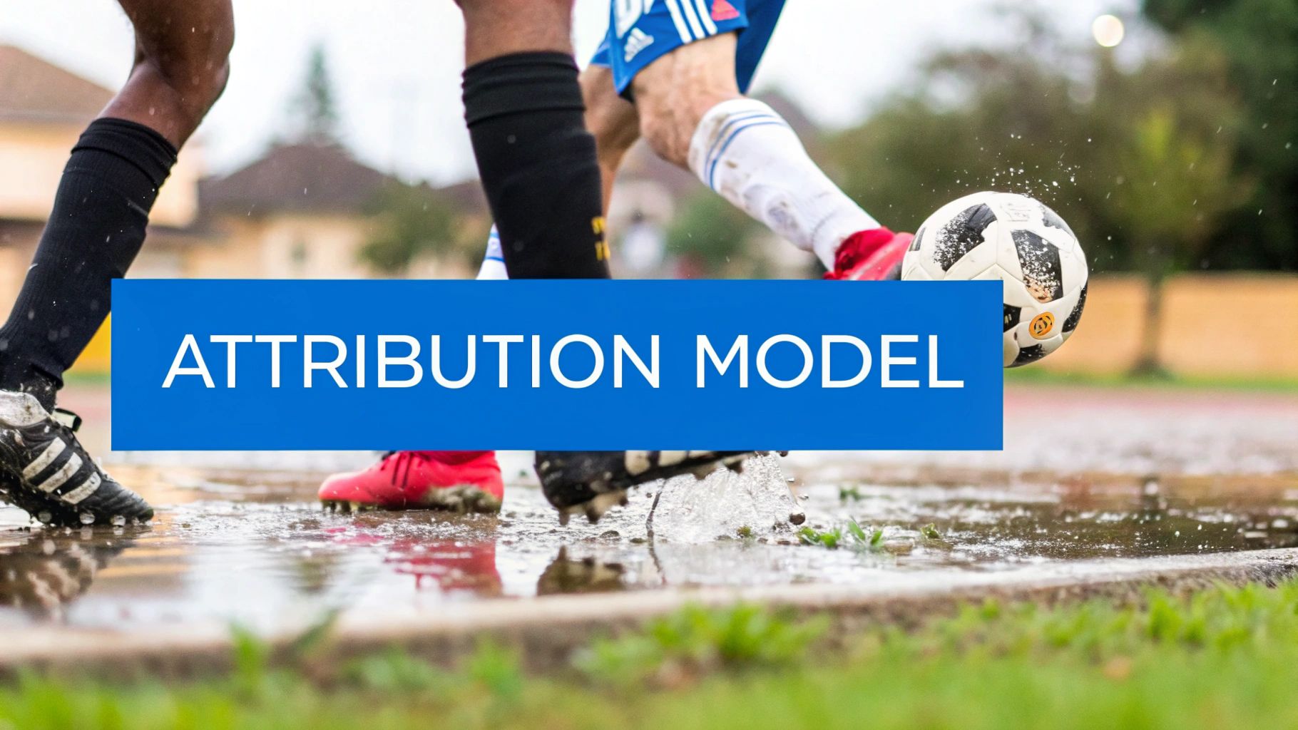Close-up of soccer players' legs and a ball in a rainy game, with 'ATTRIBUTION MODEL' text.