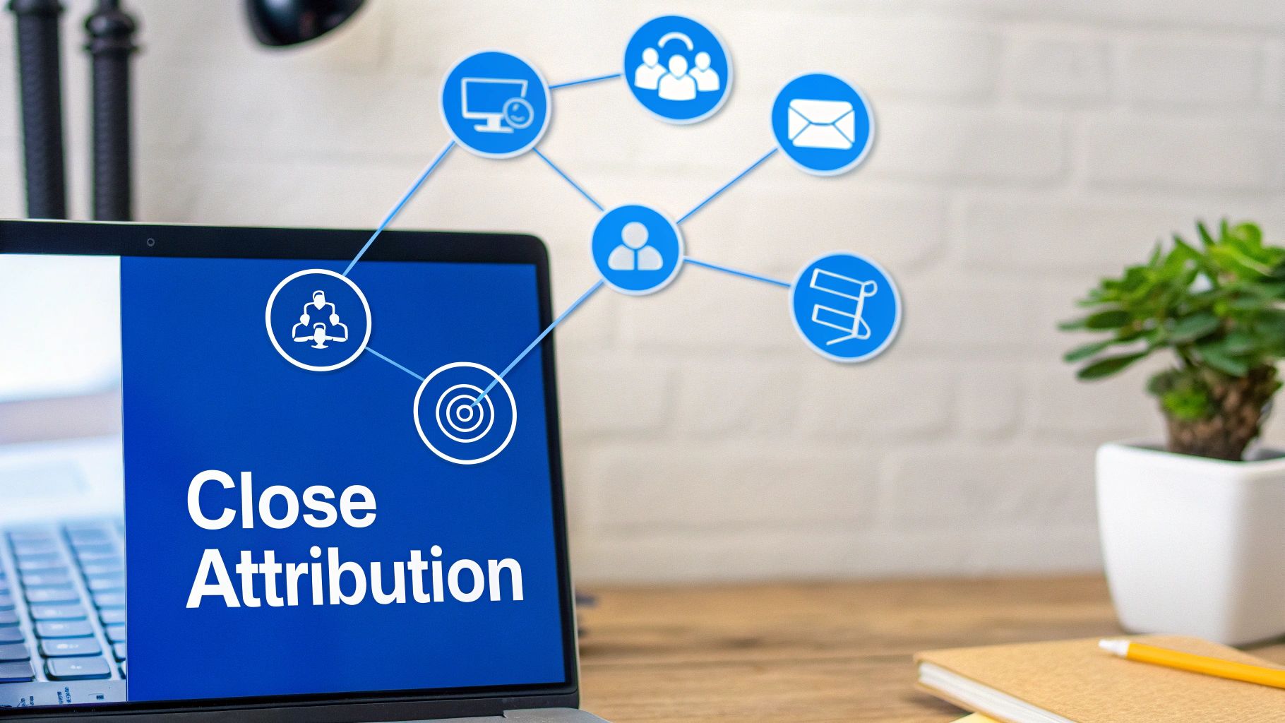 A laptop screen displays 'Close Attribution' text and a network of digital marketing icons.