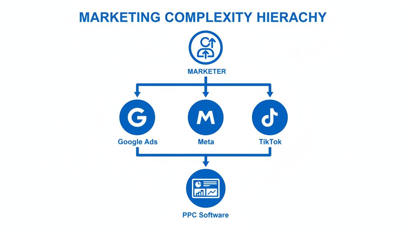 Diagram illustrating how a marketer manages Google Ads, Meta, TikTok, and PPC software.