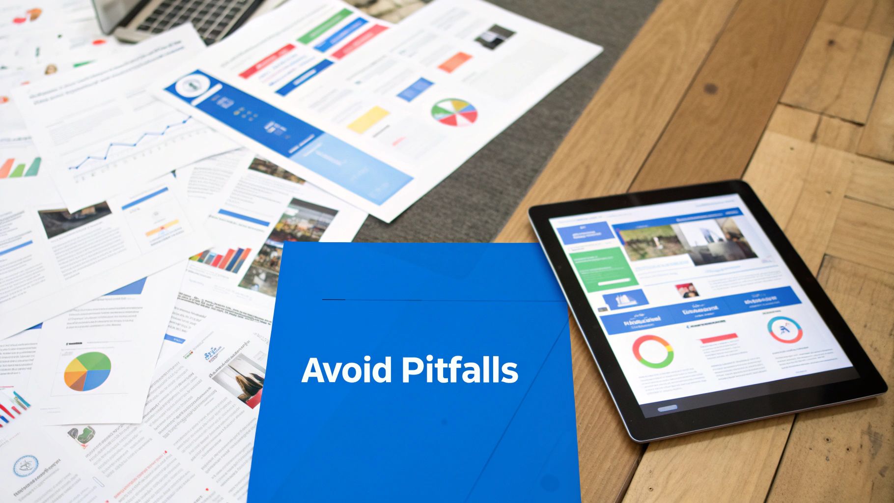 Overhead view of a business workspace with documents, charts, a tablet, and a folder marked 'Avoid Pitfalls'.