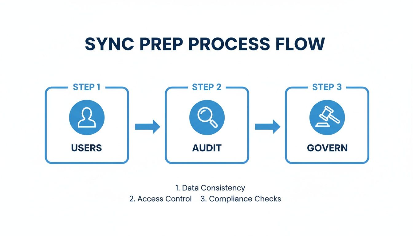A process flow diagram illustrating Sync Prep steps: Users, Audit (Data Consistency, Access Control, Compliance Checks), and Govern.