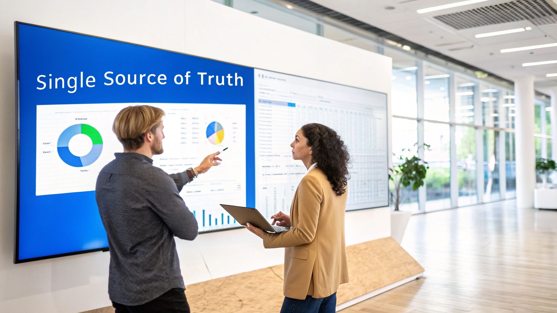 Two professionals discussing data visualizations on large digital screens, labeled 'Single Source of Truth', in a modern office.