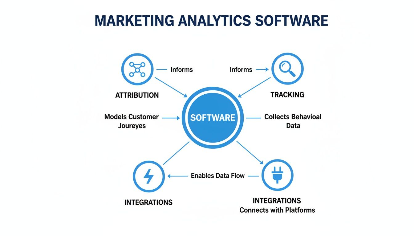 A diagram illustrating marketing analytics software features: attribution, tracking, and integrations for data flow and platform connections.