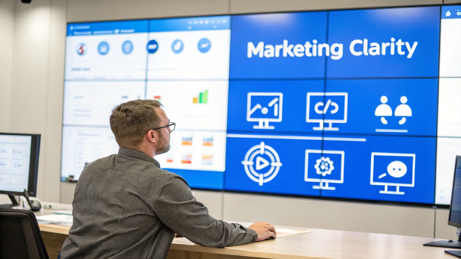 Man in glasses looking at a large video wall displaying marketing analytics and dashboards.