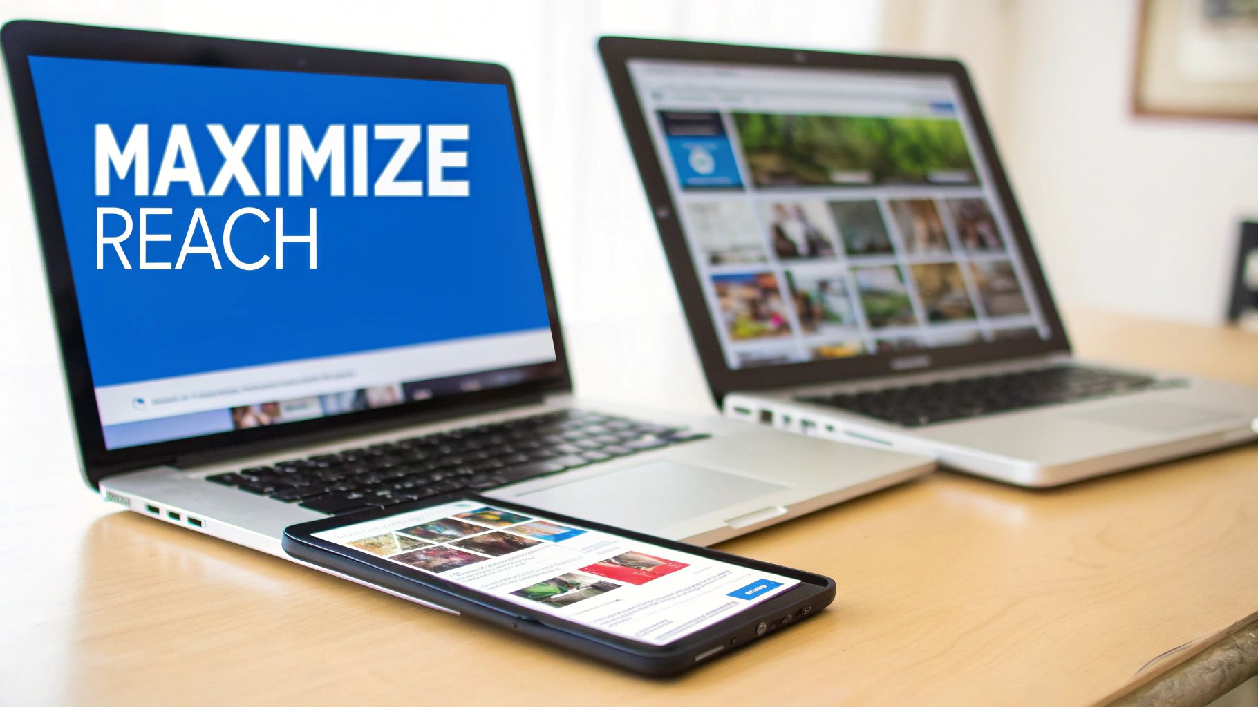 Two laptops and a smartphone on a wooden desk, with one screen displaying 'MAXIMIZE REACH'.