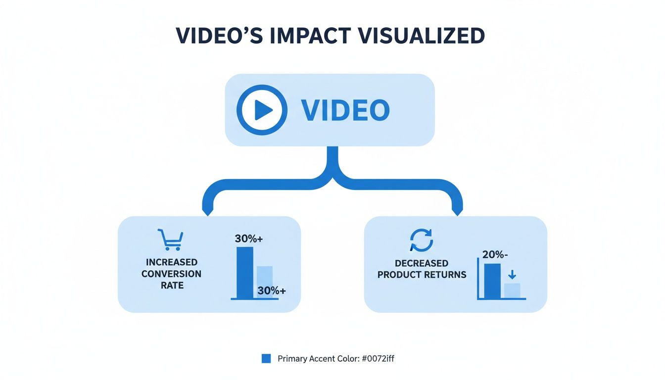 Flowchart illustrating video's impact, showing increased conversion rates by 30%+ and decreased product returns by 20%-.