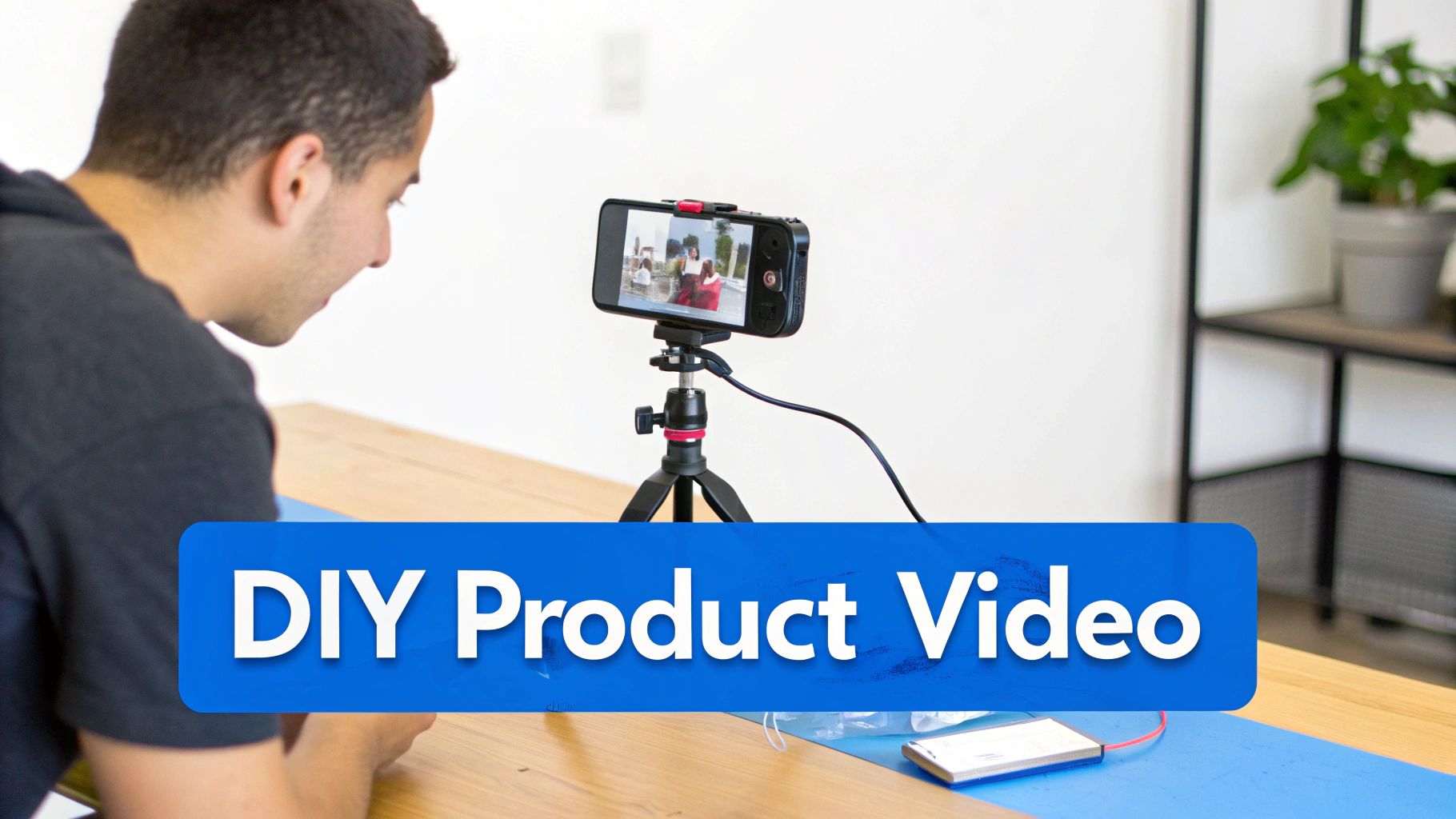 A man records a DIY product video with a smartphone on a tripod on a wooden table.