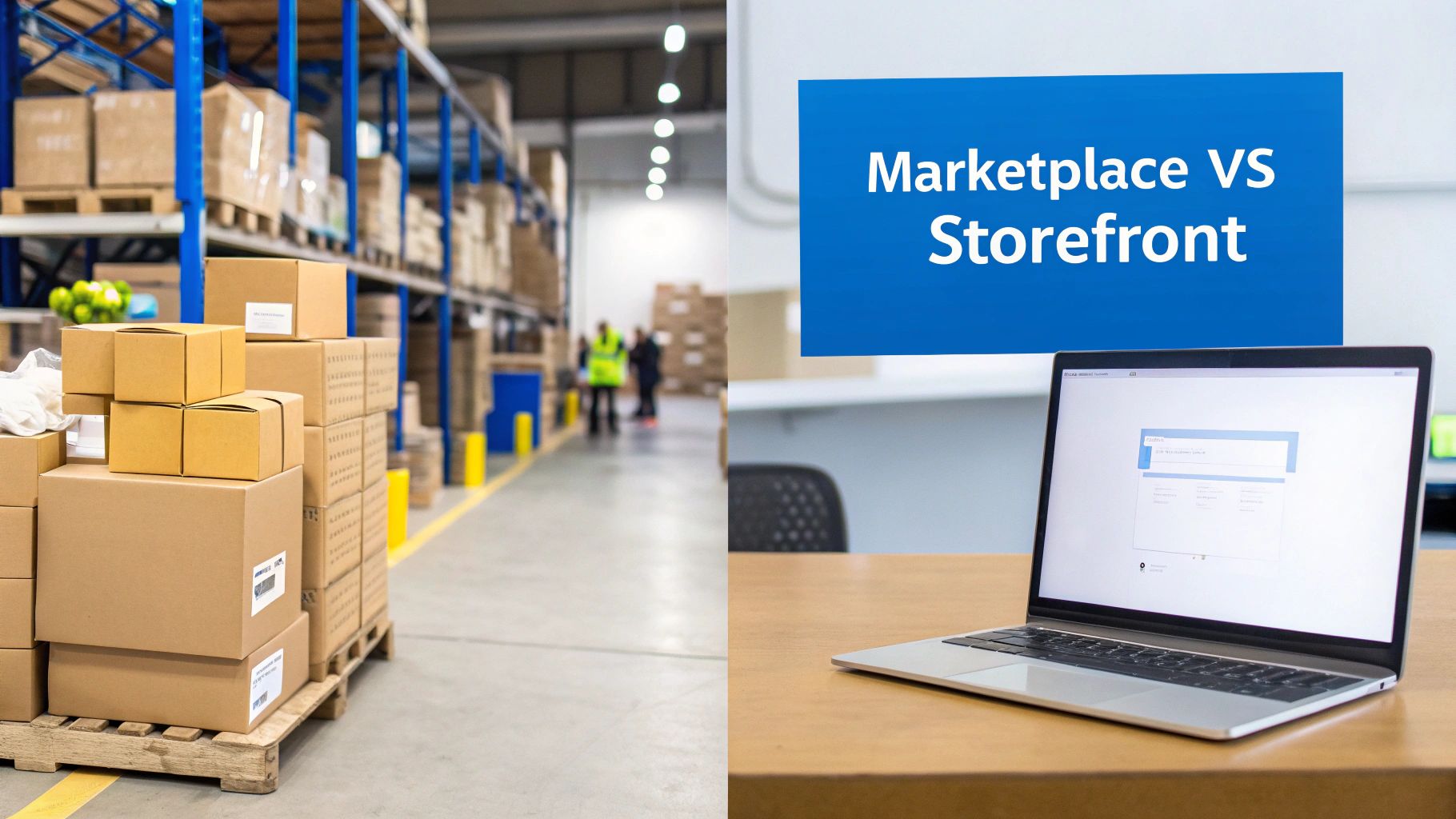 A warehouse with stacked boxes on pallets contrasted with a laptop displaying 'Marketplace VS Storefront'.