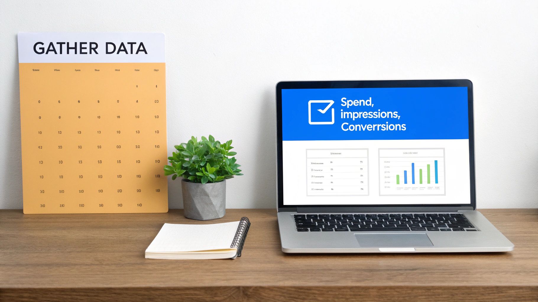 A desk setup featuring a laptop displaying data analytics, a 'GATHER DATA' planner, and a notebook.