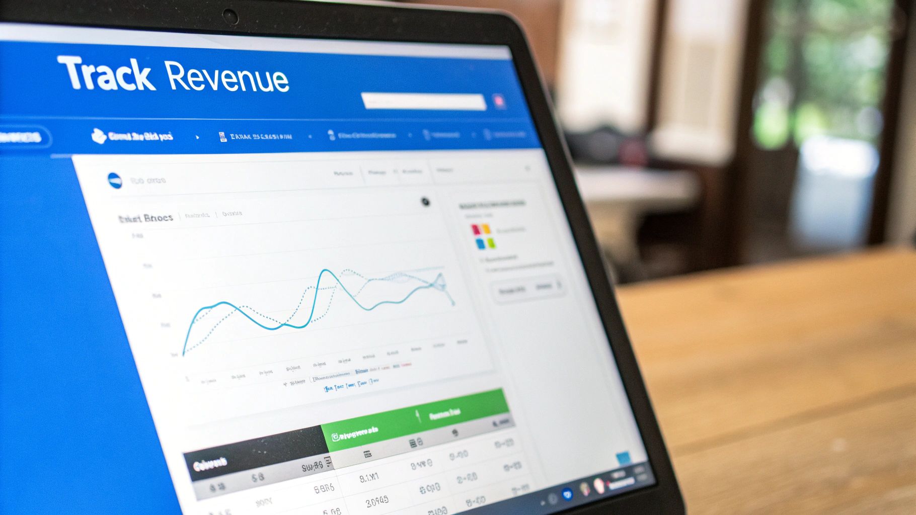 A laptop screen displaying a business analytics dashboard with a 'Track Revenue' title and a line graph showing data trends.