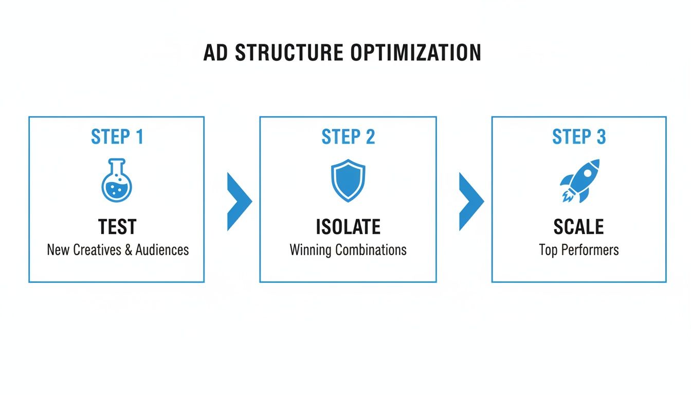 Diagram showing a 3-step ad structure optimization process: Test, Isolate, Scale.