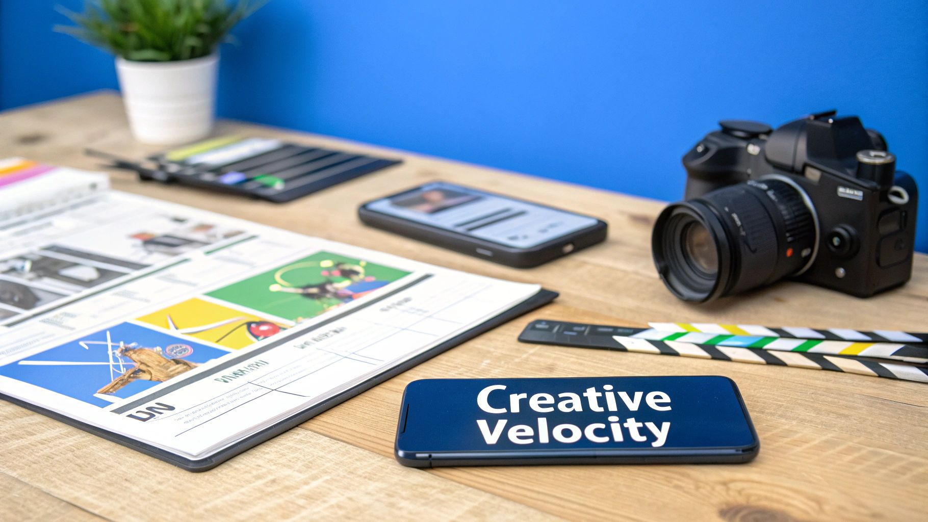 A creative desk setup featuring a camera, two smartphones, a clapperboard, and design documents.