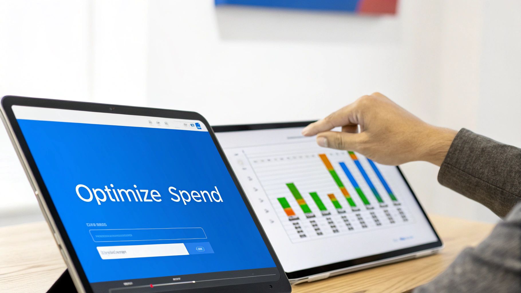 A hand interacts with a tablet displaying a budget analysis chart next to another showing 'Optimize Spend'.