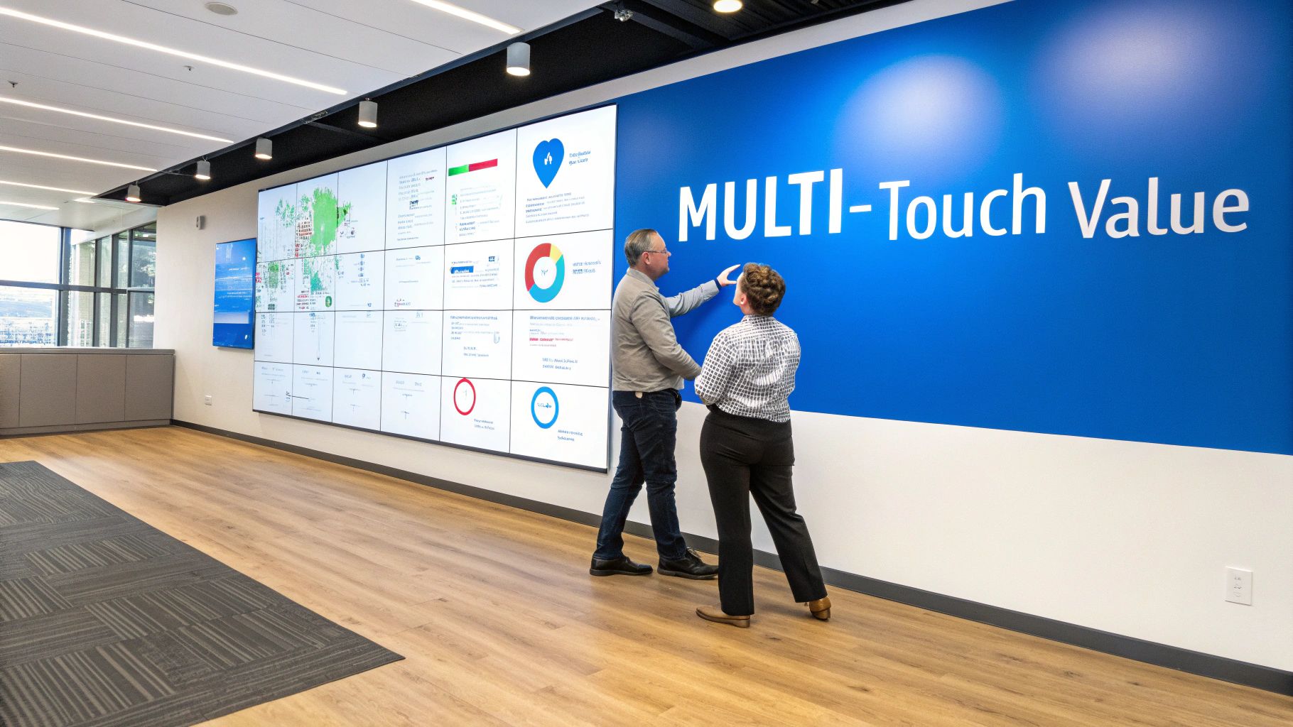 Two people interact with a large multi-screen display and a blue "MULTI-Touch Value" wall in an office.