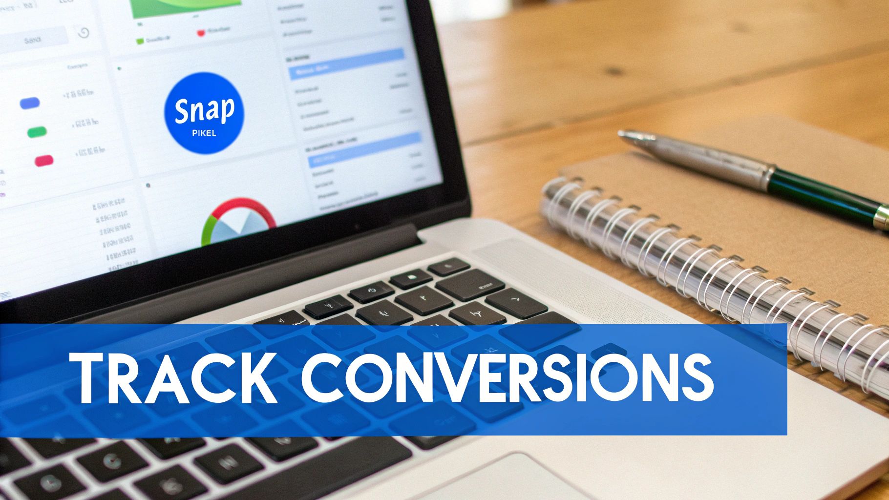 Laptop displaying an analytics dashboard with the 'Snap PIXEL' logo and 'TRACK CONVERSIONS' text overlay.
