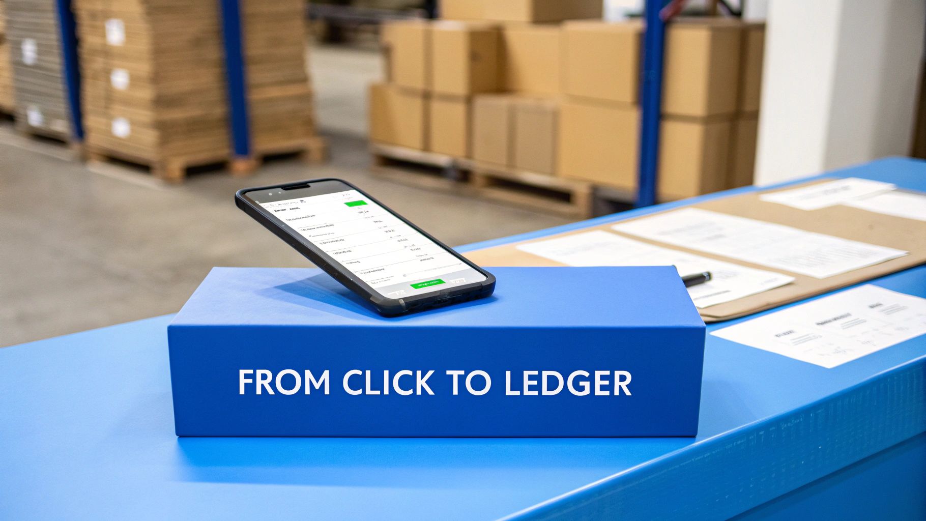 A smartphone on a blue box displays a digital ledger, with warehouse boxes in the background.