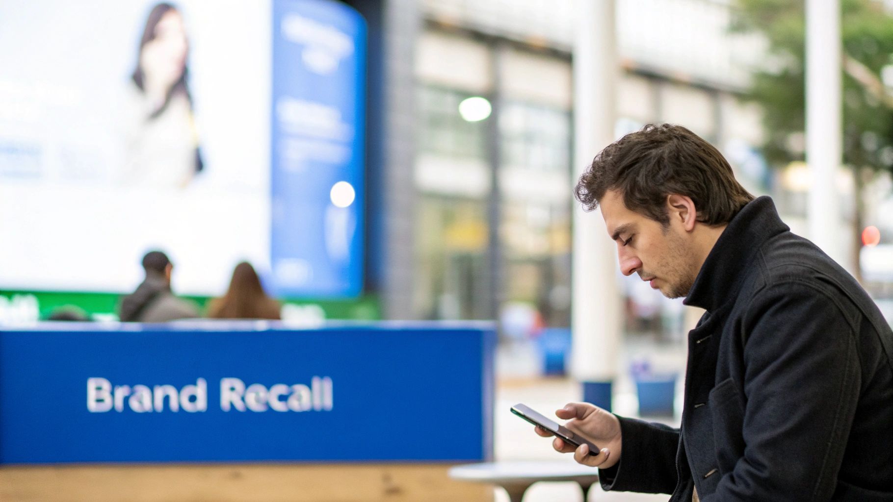 A man focused on his smartphone, with a prominent 'Brand Recall' sign in the foreground.