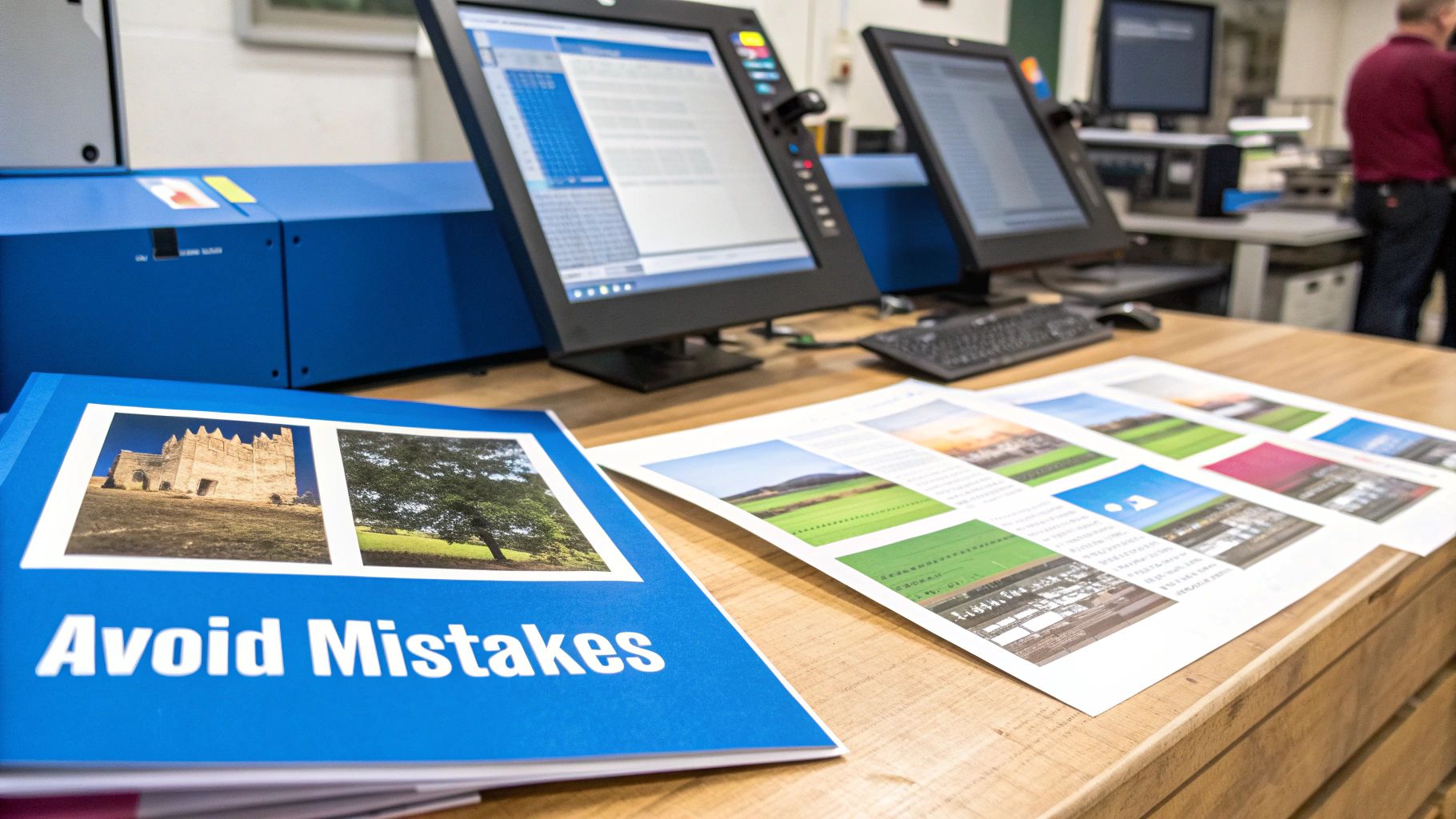 A blue book 'Avoid Mistakes' on a table with printed sheets, computer monitors, and a printing machine in a modern office.