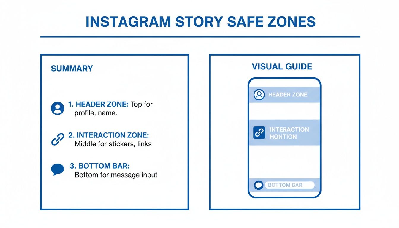 An infographic detailing Instagram Story safe zones, showing the header, interaction, and bottom bar areas on a phone screen.