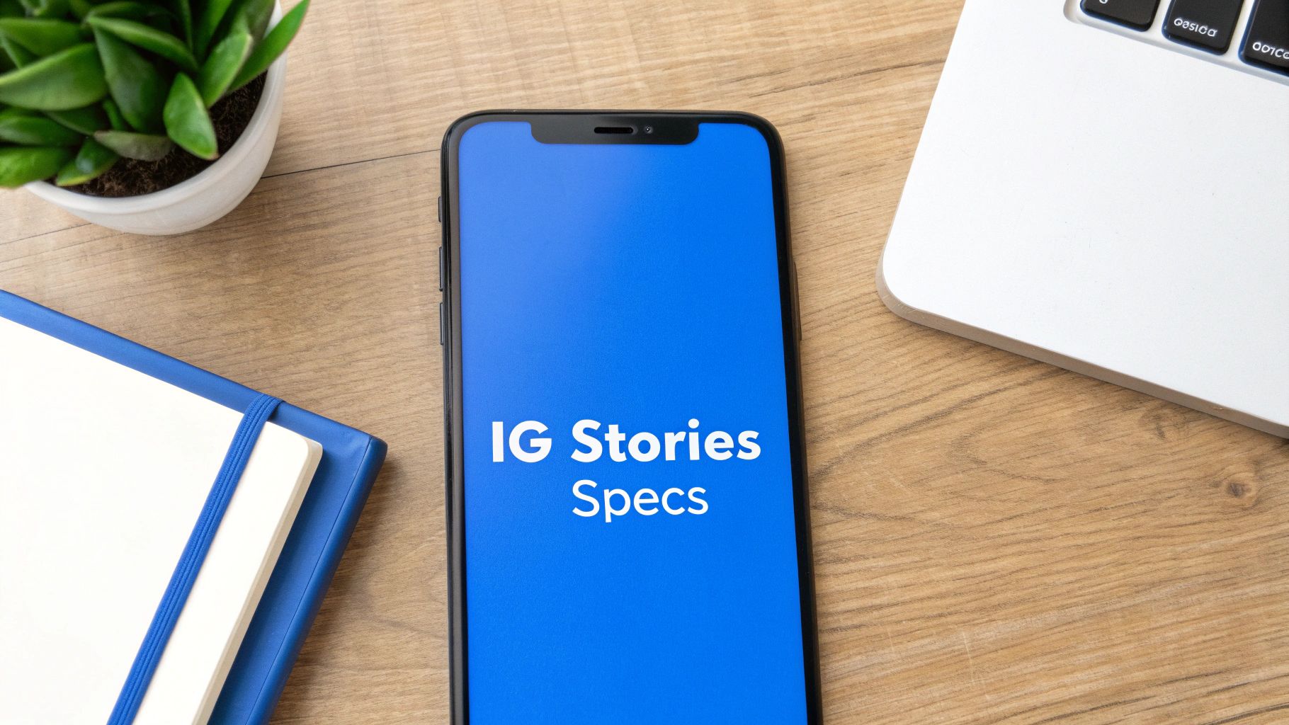 A smartphone displaying 'IG Stories Specs' on a blue screen, next to a notebook and a laptop.