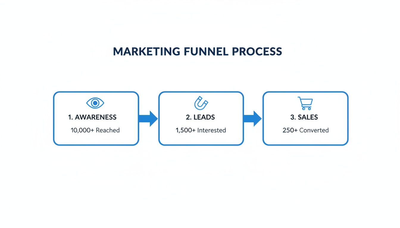 A marketing funnel diagram showing three stages: Awareness, Leads, and Sales, with conversion numbers.