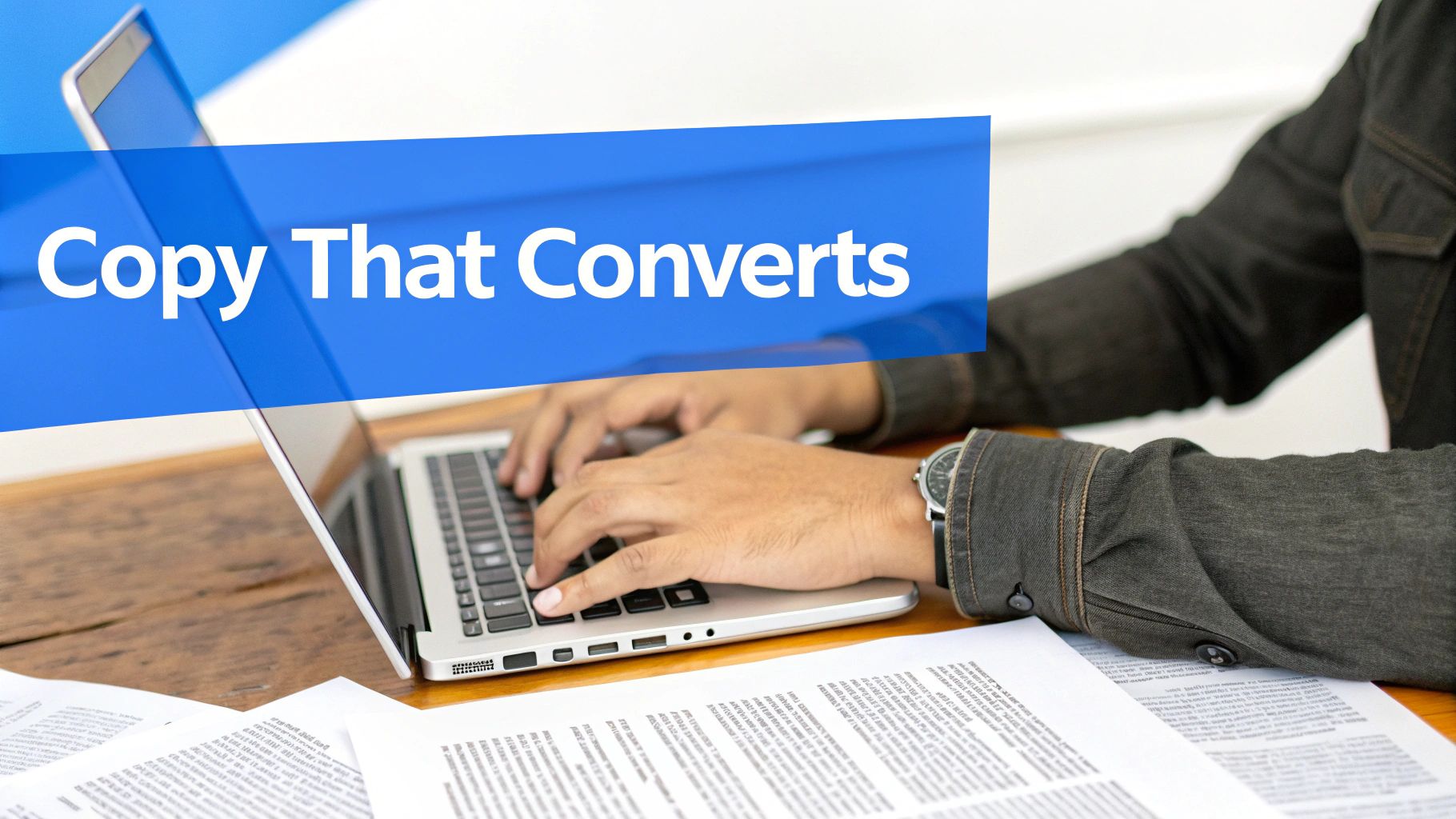 A person types on a laptop on a wooden desk with papers, featuring a 'Copy That Converts' banner.
