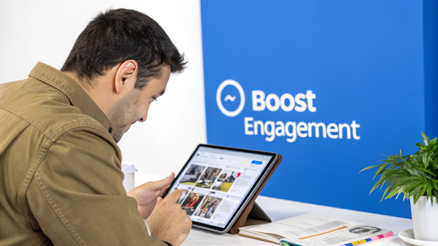 A man in a brown shirt uses a tablet, next to a blue sign reading "Boost Engagement".