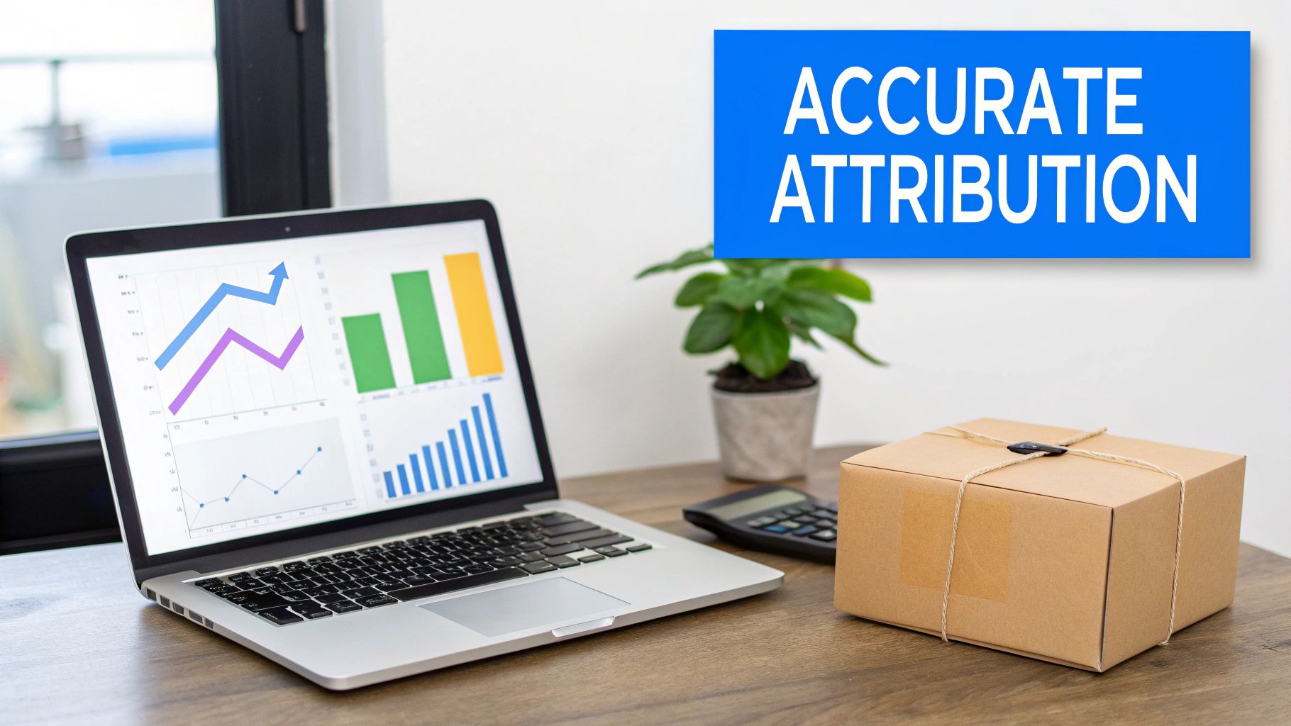 Laptop displaying marketing attribution data charts, a delivery box, and a banner saying 'Accurate Attribution'.