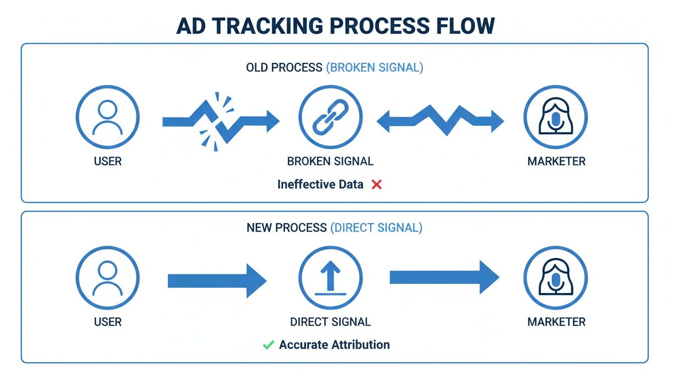 Flowchart showing improvement from broken ad tracking signals to direct, accurate attribution signals.