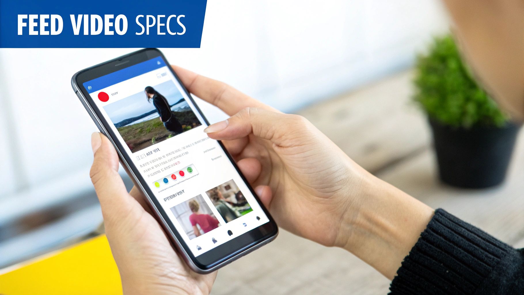 Person holds a smartphone displaying a social media feed with images and text, showing 'FEED VIDEO SPECS' banner.