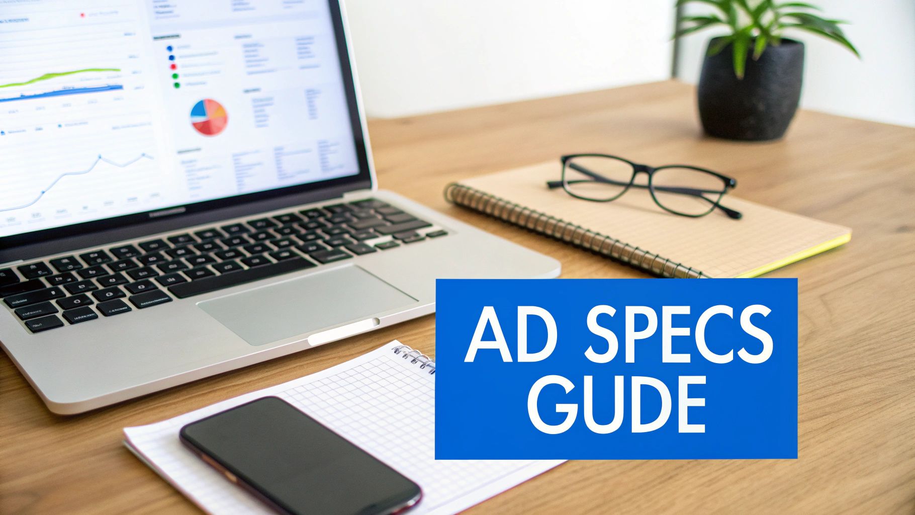 A professional workspace with a laptop displaying analytics, a smartphone, notebooks, and an 'AD SPECS GUIDE' sign.