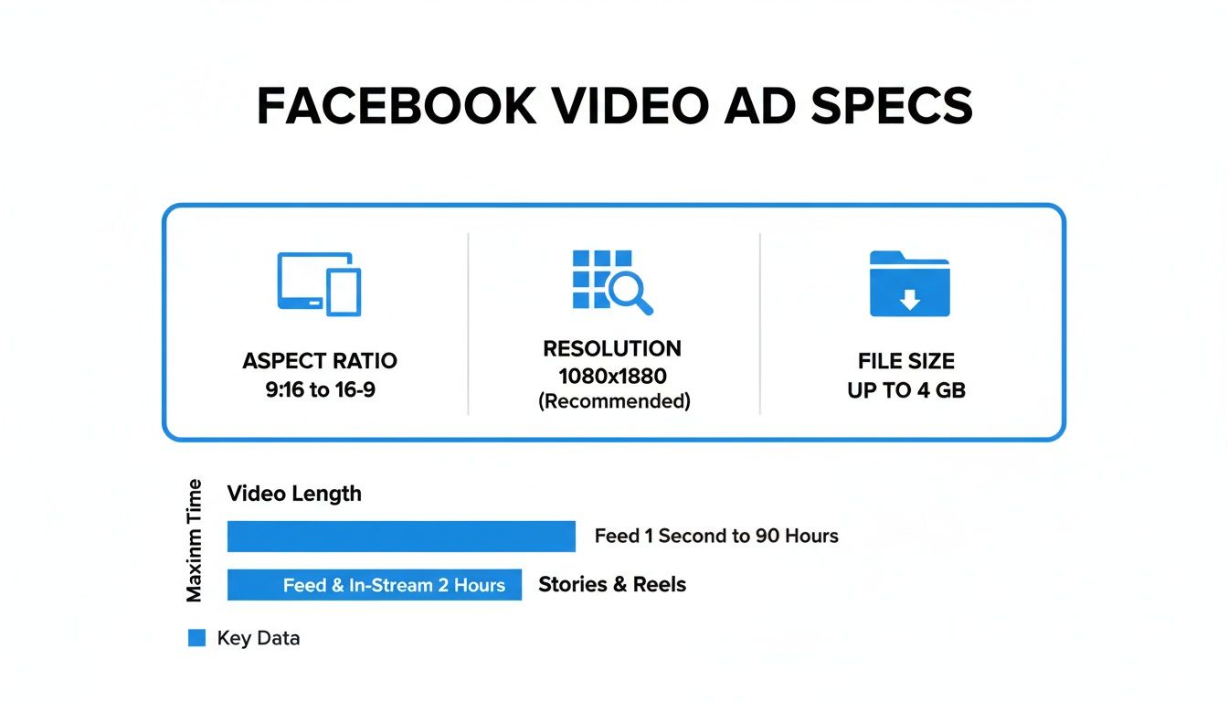 Facebook video ad specifications detailing aspect ratio, resolution, file size, and video length for various placements.