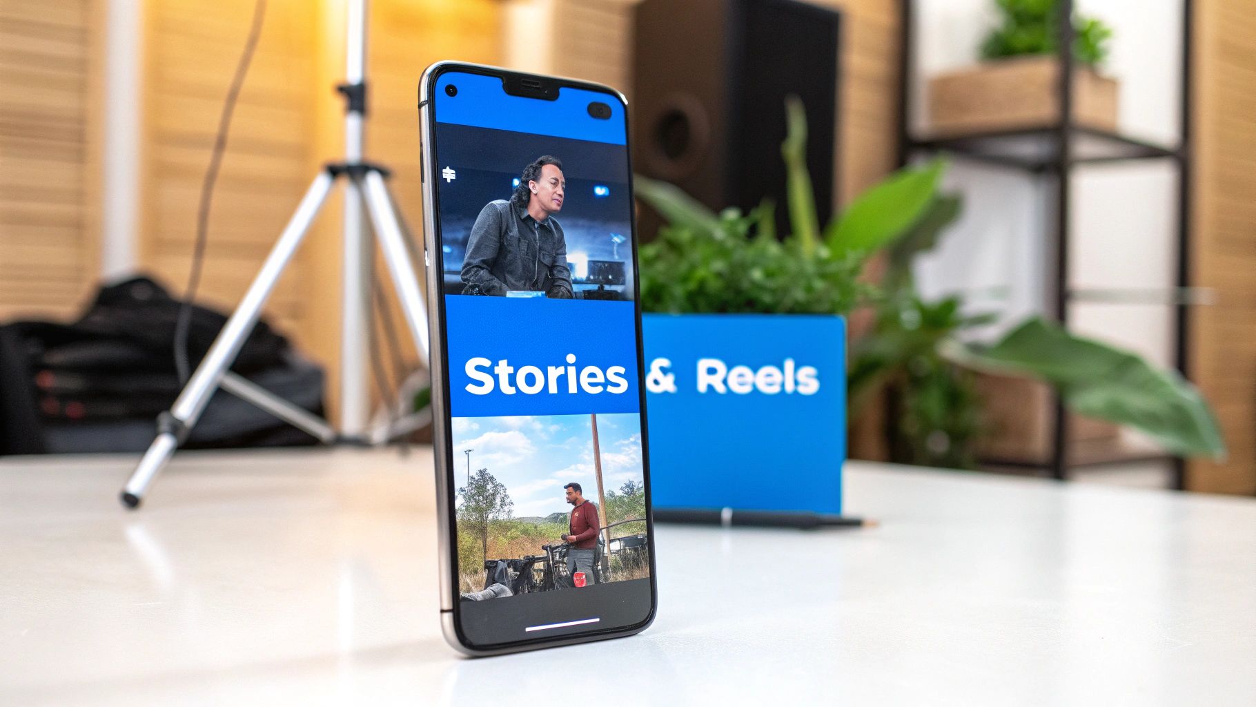 A smartphone displays a social media app with 'Stories & Reels' featuring two different video clips.