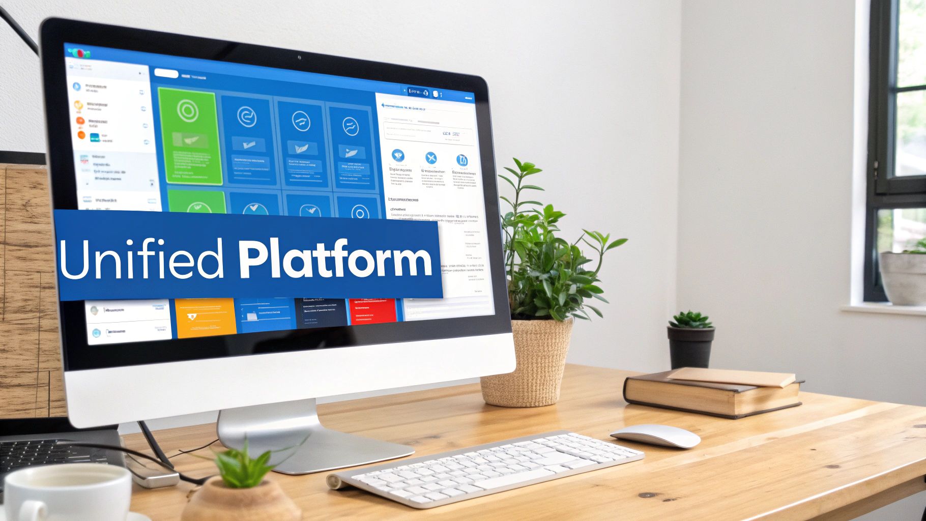 A desktop computer screen displays a 'Unified Platform' interface, setup on a modern wooden desk with plants and office items.