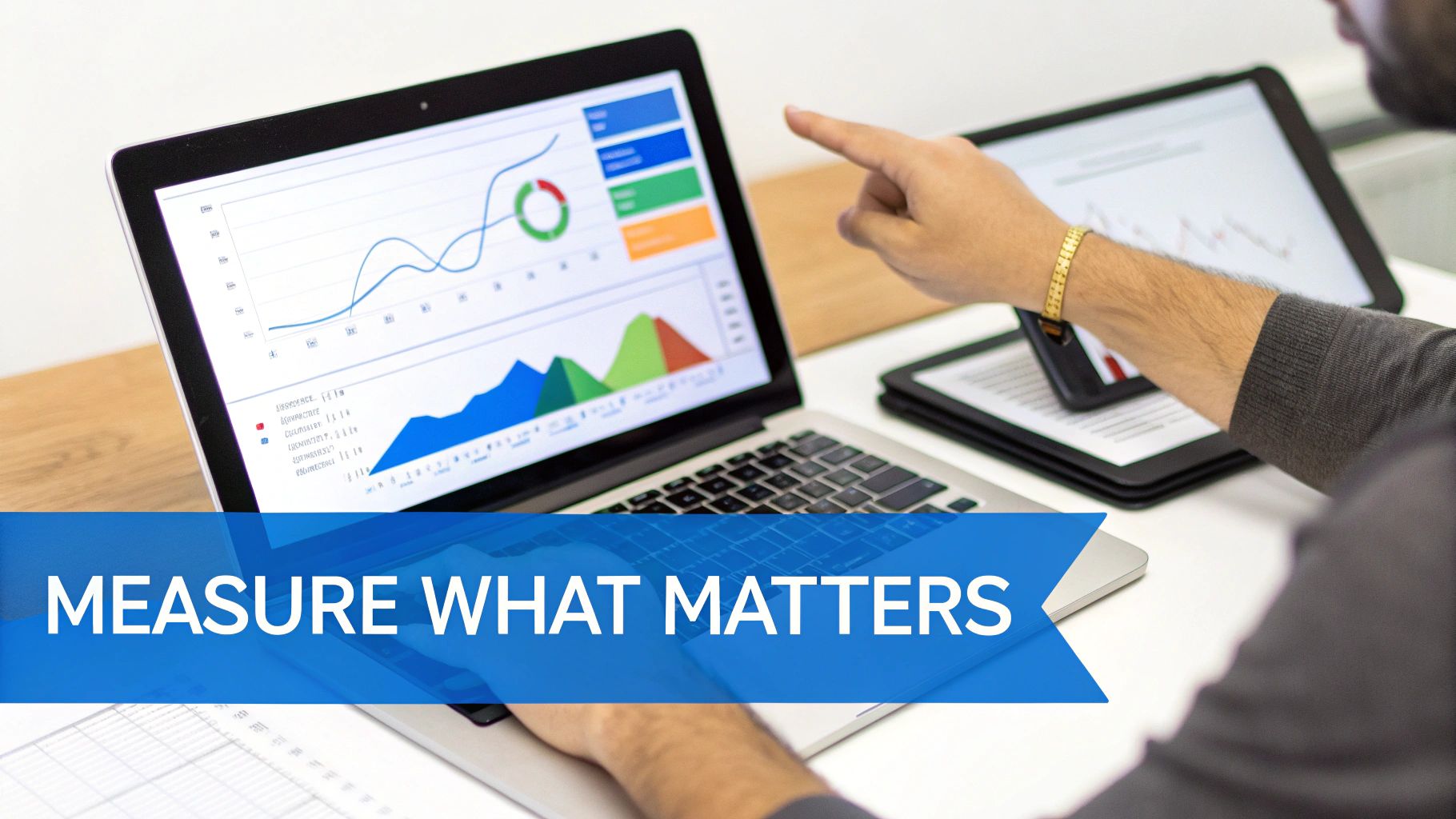 A person pointing at a laptop screen displaying business analytics charts and graphs, emphasizing data measurement.