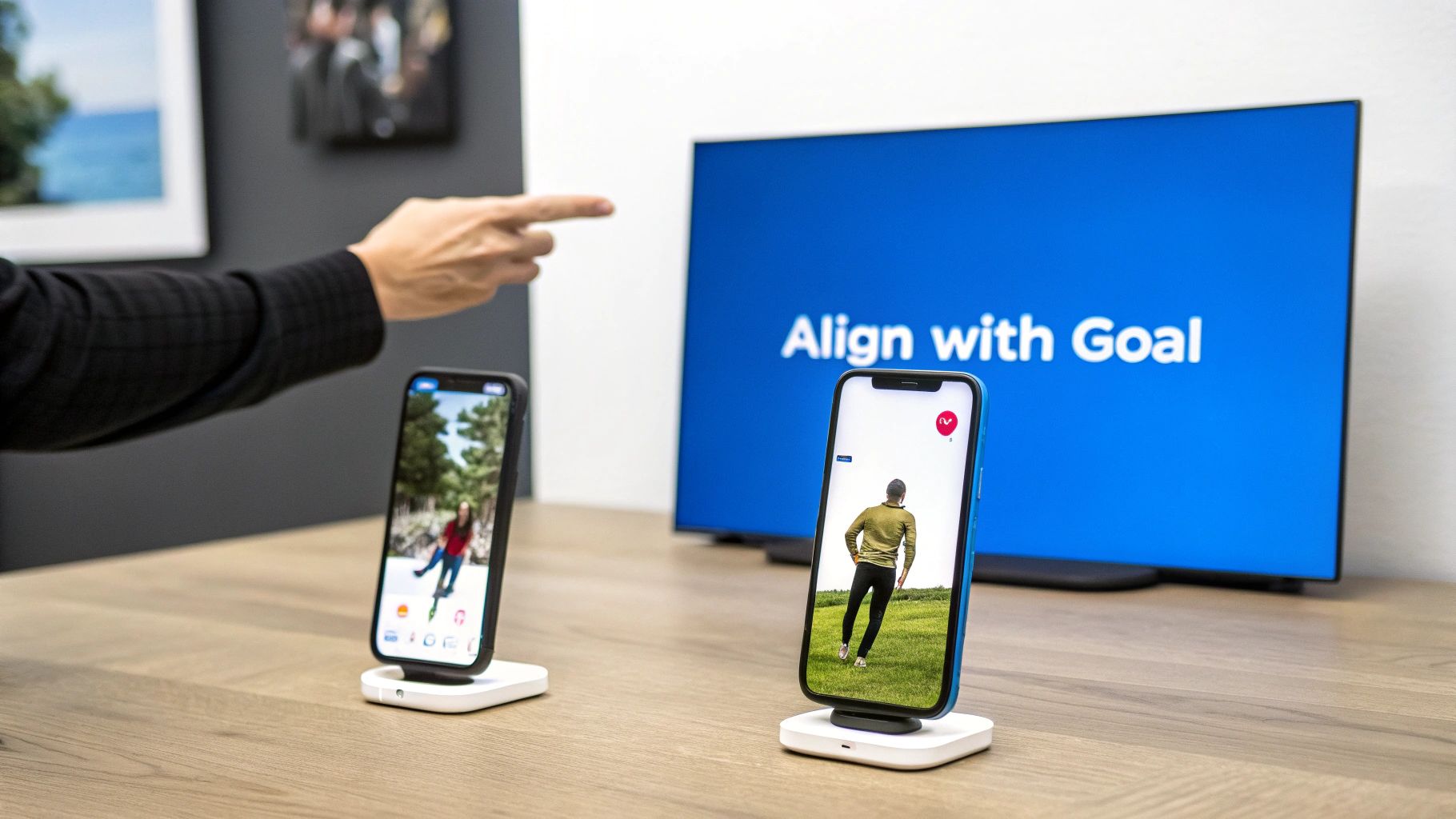 Two smartphones on stands display videos of people, a hand points, and a TV shows 'Align with Goal'.