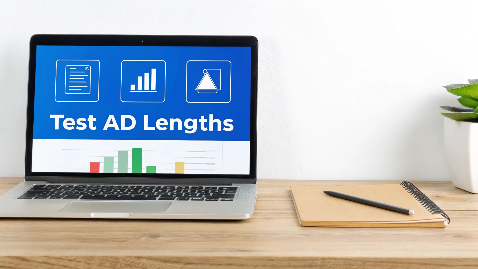 Laptop on a wooden desk showing 'Test AD Lengths' and a bar chart, with a notebook and pencil.