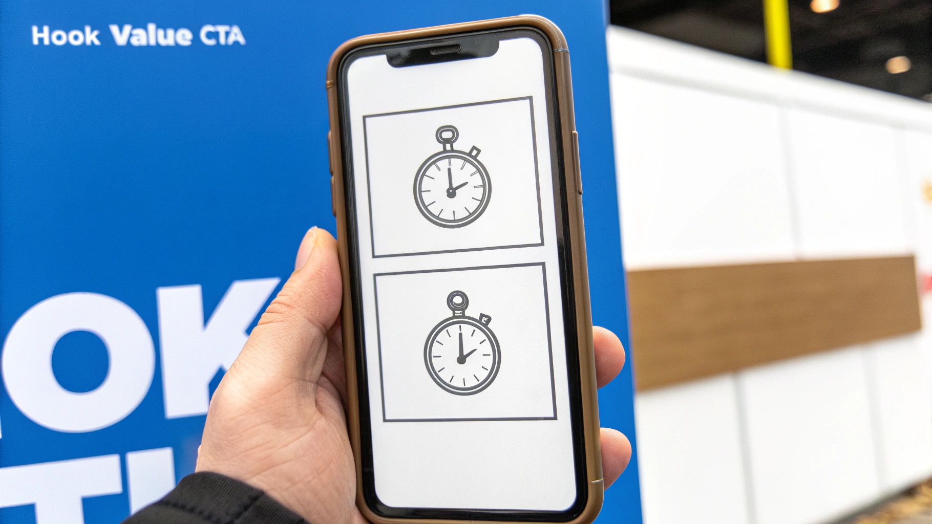 A hand holds a smartphone displaying two stopwatch icons, with a blue sign in the background.