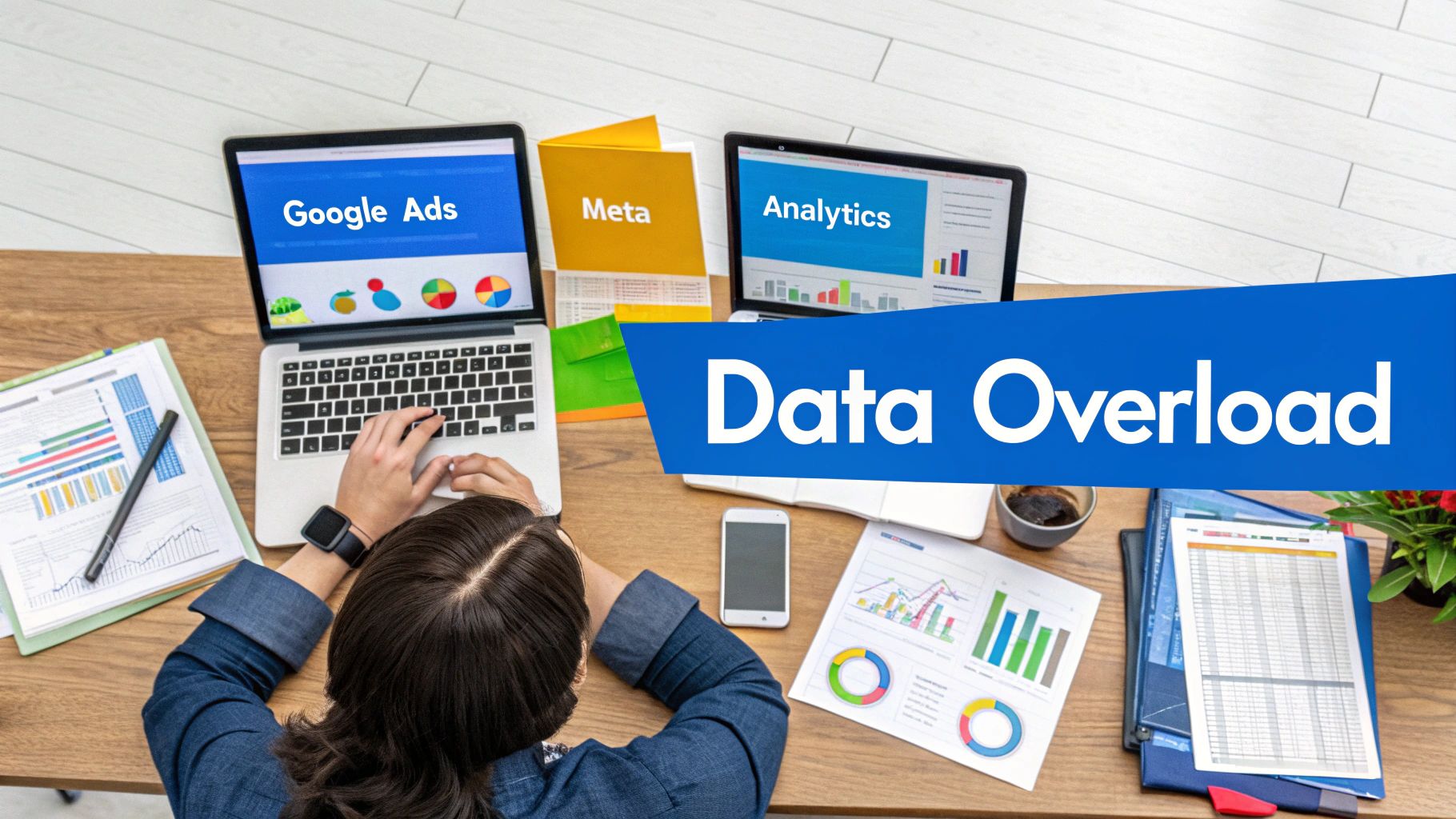 An overwhelmed person at a desk surrounded by laptops showing Google Ads, Analytics, and Meta, with a 'Data Overload' banner.