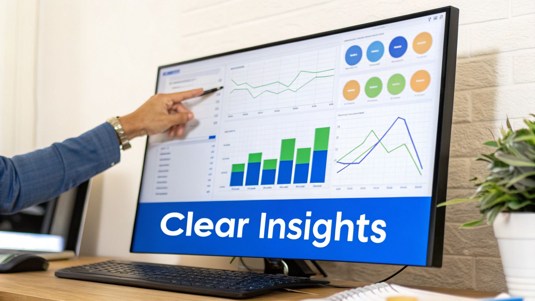 A hand points to a computer screen displaying various digital marketing data charts and graphs with "Clear Insights" text.
