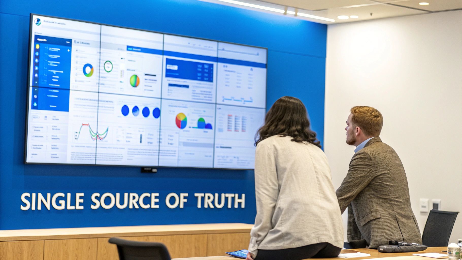 Two professionals analyze data visualizations on a large video wall, emphasizing a single source of truth.