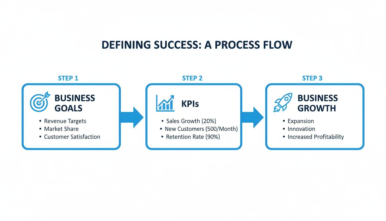 A three-step process flow defining success from business goals to KPIs and growth.