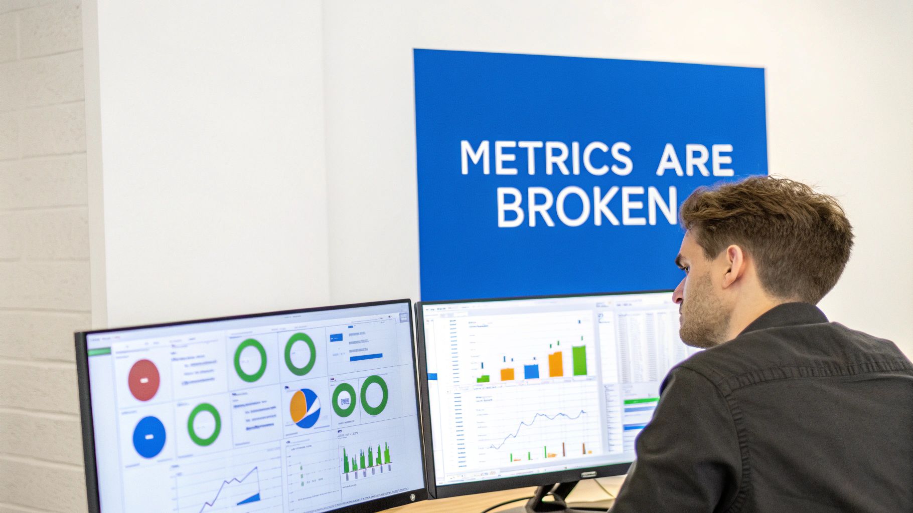 A man analyzing digital marketing metrics on dual monitors with charts and data dashboards displayed.